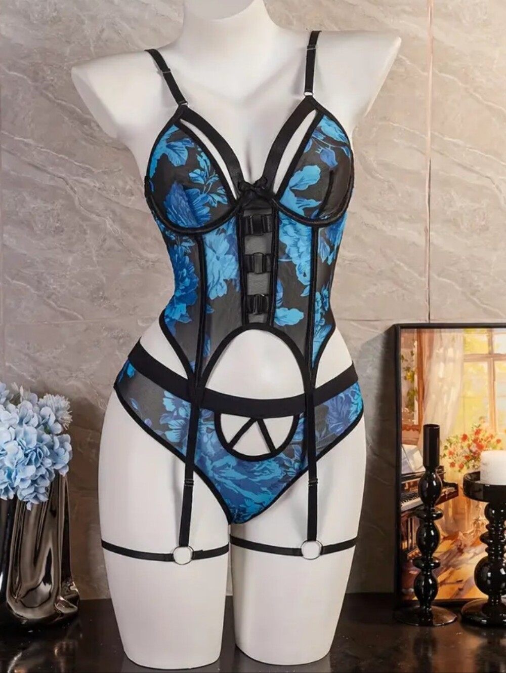 2pc Blue Floral Semi Sheer Bustier + Panty Lingerie W/Garters & Cutouts (M) 🔥🤤